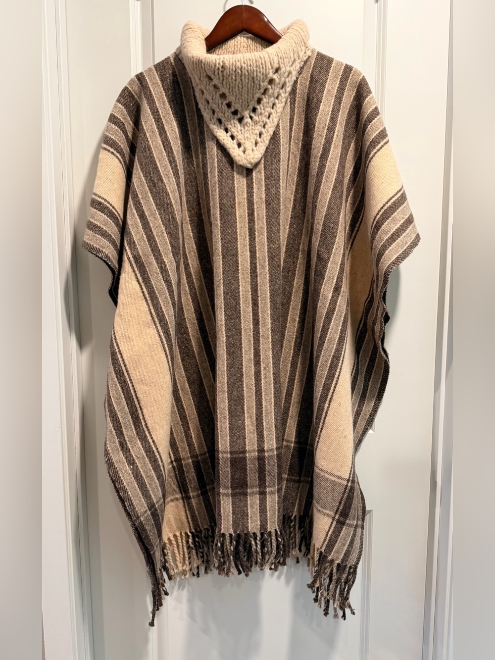 Vintage 70s 80s Heavy Woven Wool Striped Fringe Blanket Poncho Cowl Neck